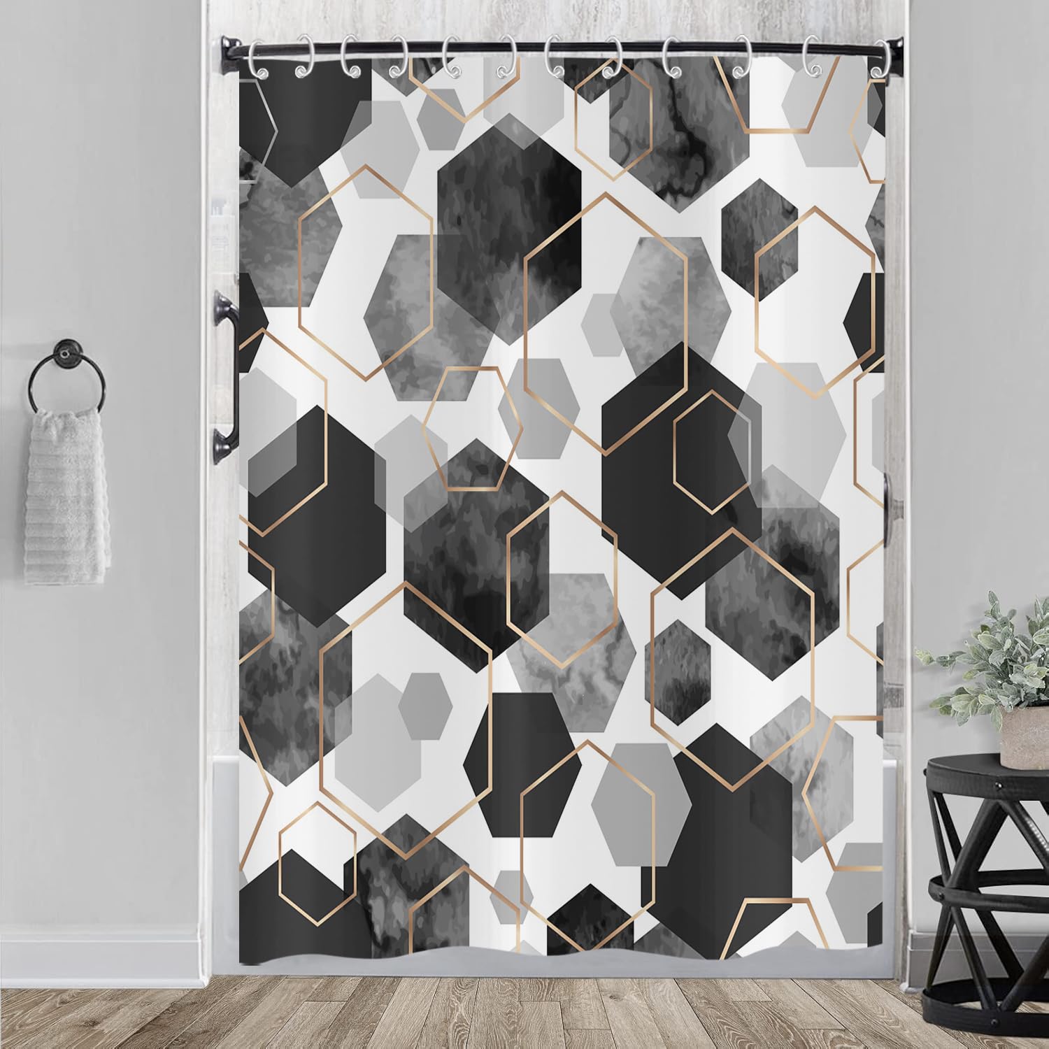 Hnmdmyi Black Shower Curtain 180x200, Modern Geometric Hexagon Abstract Art Bathroom Curtains Waterproof Polyester Fabric Washable Bath Curtains with