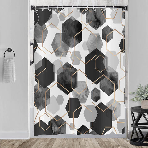 Hnmdmyi Black Shower Curtain 180x200, Modern Geometric Hexagon Abstract Art Bathroom Curtains Waterproof Polyester Fabric Washable Bath Curtains with