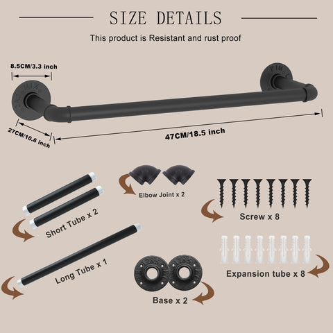 VOLISON Wall Mounted Clothes Rail, Industrial Pipe Clothes Rack, 47CM Detachable Metal Garment Clothing Rail