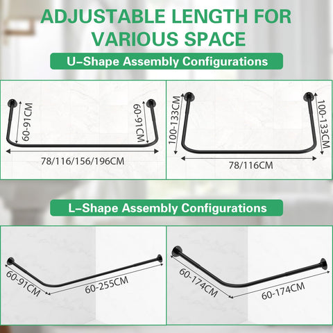 U Shaped/L Shaped Shower Curtain Rail, (60-91) X (78-196) X (60-91) cm Adjustable Curved Shower Curtain Pole With 12 Rings & Ceiling Support For