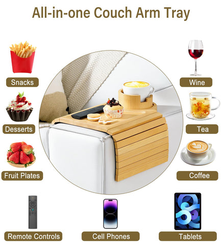 Kssiaz Couch Arm Tray, Bamboo Sofa Tray Table for Couch, Sofa Arm Tray with Cup Holder, Non-Slip Armrest Organizer for Drink, Cup, Snack, Control