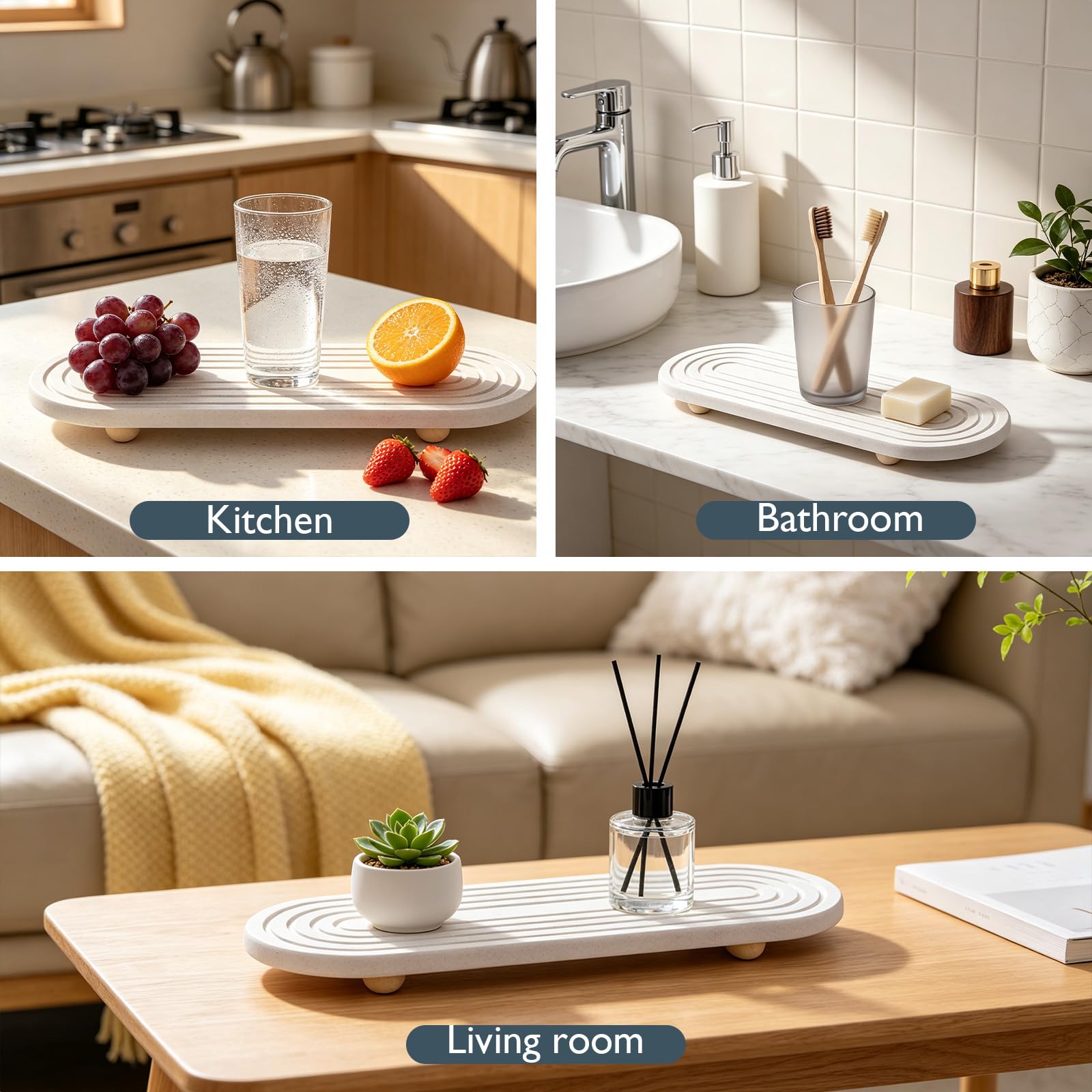 Quick Drying Stone Tray, Natural Diatomite Absorbent Mat with Wooden Feet, Fast Evaporation, Anti-Slip Grooves, Multifunctional for Bathroom Sink