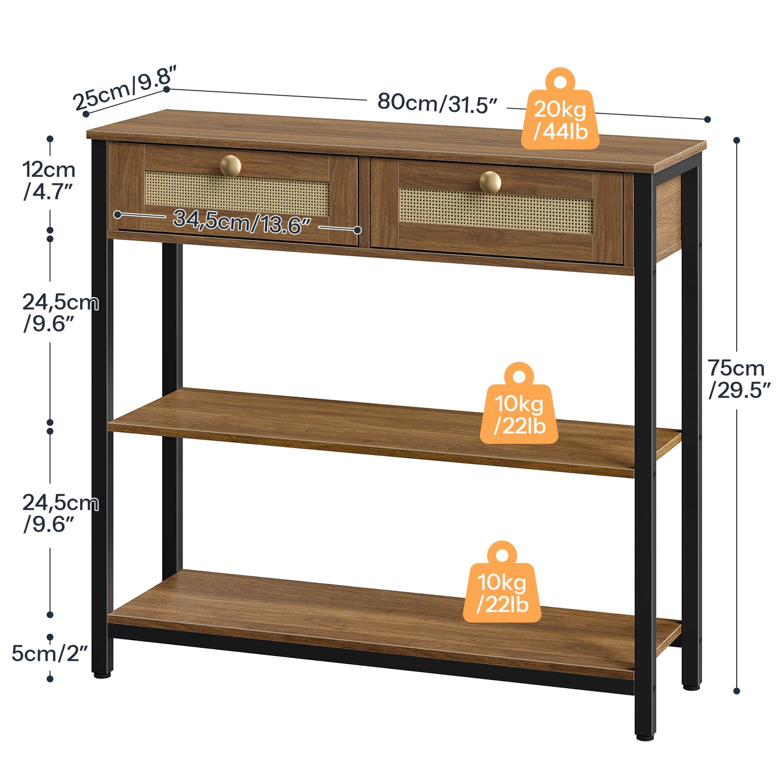 HOOBRO Rattan-Like Console Table, 3-Tier Hallway Table with 2 Flip-Down Drawers and Storage Shelves, 80 cm, Open and Hidden Storage Space