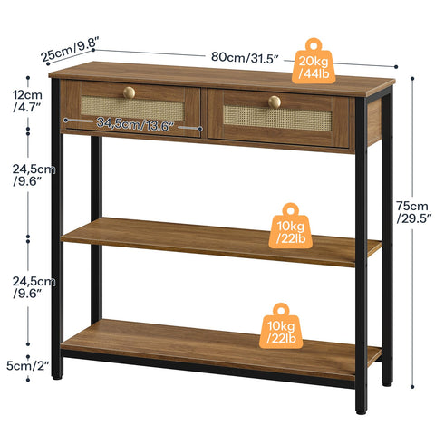HOOBRO Rattan-Like Console Table, 3-Tier Hallway Table with 2 Flip-Down Drawers and Storage Shelves, 80 cm, Open and Hidden Storage Space