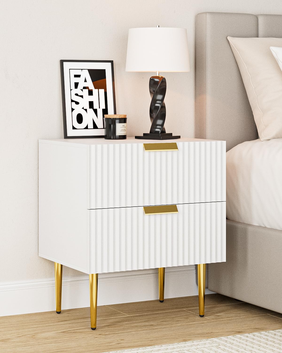 Apetaccat White Bedside Table, Nightstand with 2 Drawers with Gold Leg, Modern Bedside Table Bedroom Furniture for Living Room or Bedroom, White