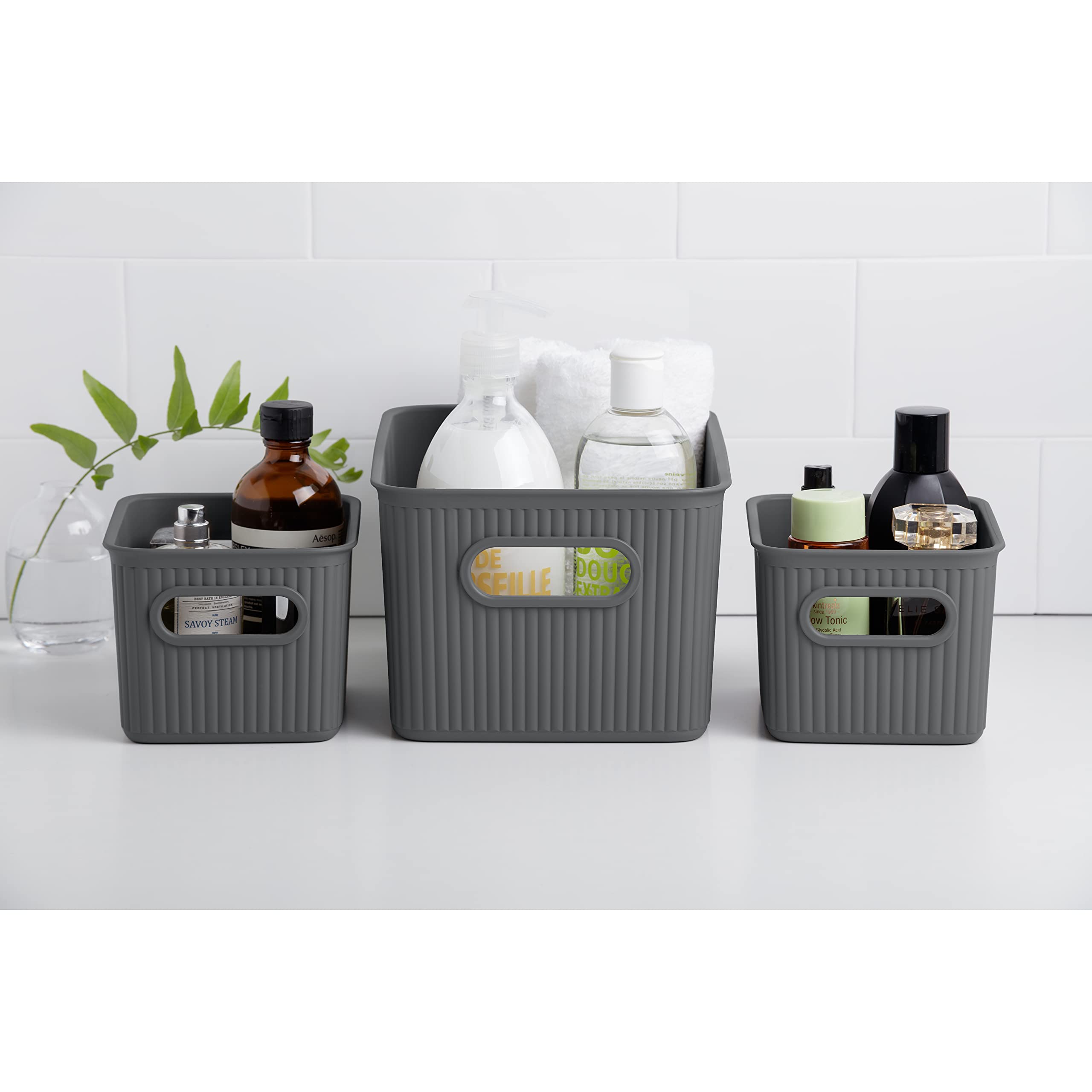 TATAY 7010814 Multipurpose Organiser Set with Lid, 3 x Charcoal Grey, Medium (Pack of 2)
