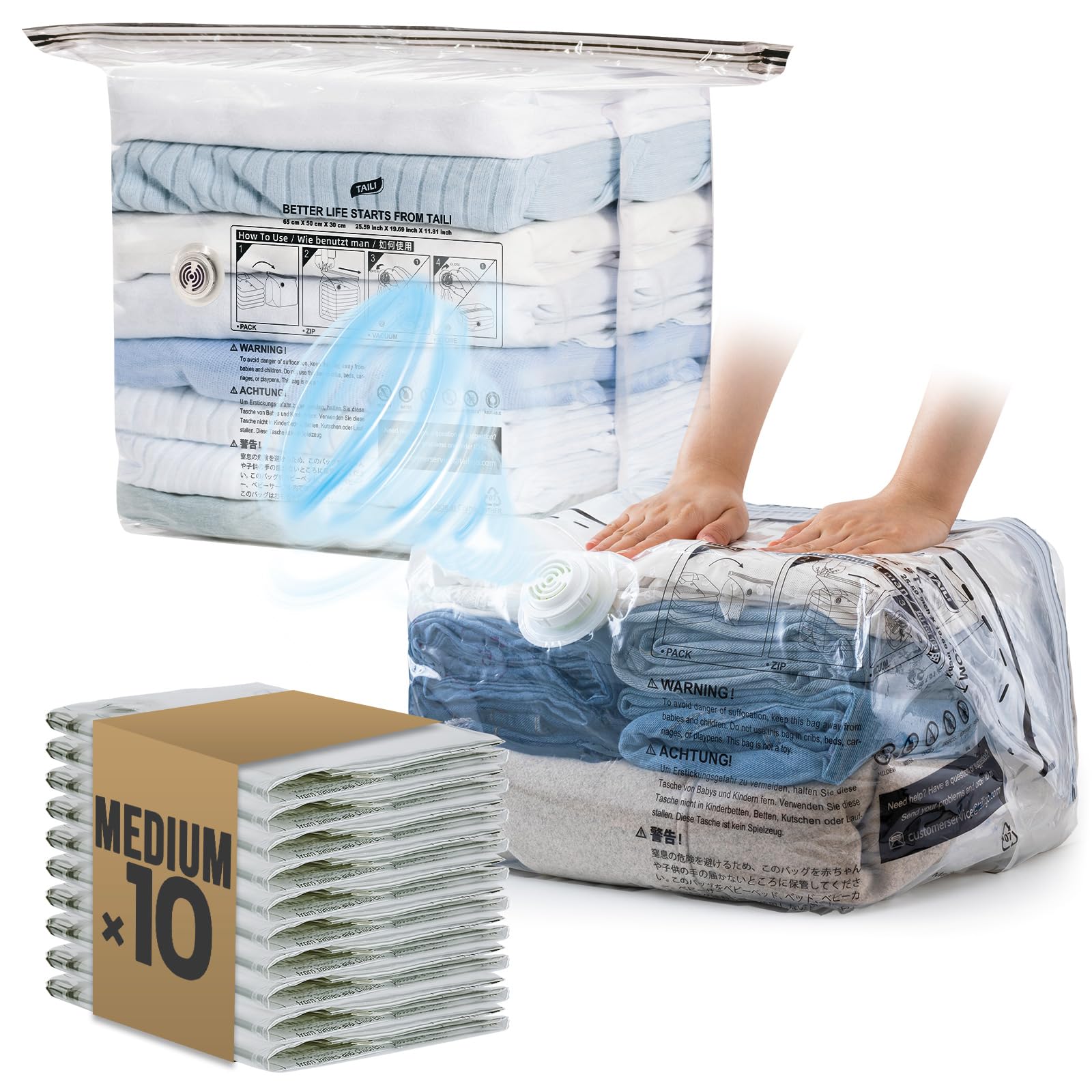 TAILI 10 Pack Cube Vacuum Storage Bags, Medium Size (63x48x27 cm), Clear