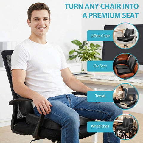 Seat Cushion and Lumbar Support - Memory Foam Chair Cushion & Back Support for Tailbone & Back Pain Relief Ergonomic Coccyx Cushion for Home Office