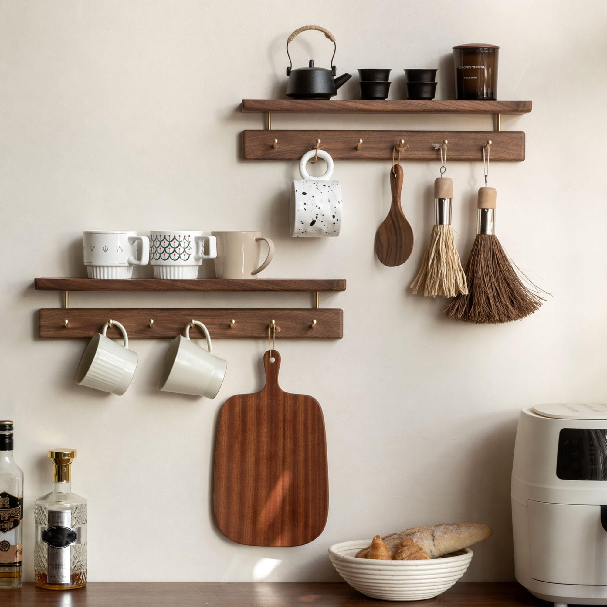 YESWOOD Solid Walnut Wall Mounted Coat Rack with Shelf, 7 Brass Hooks