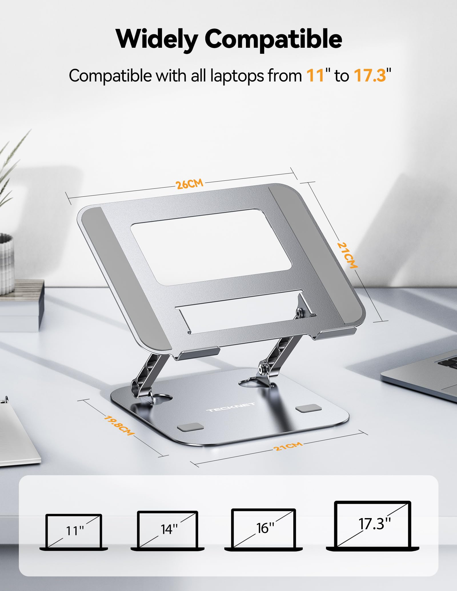 TECKNET Laptop Stand for Desk, Adjustable Laptop Holder, Silver