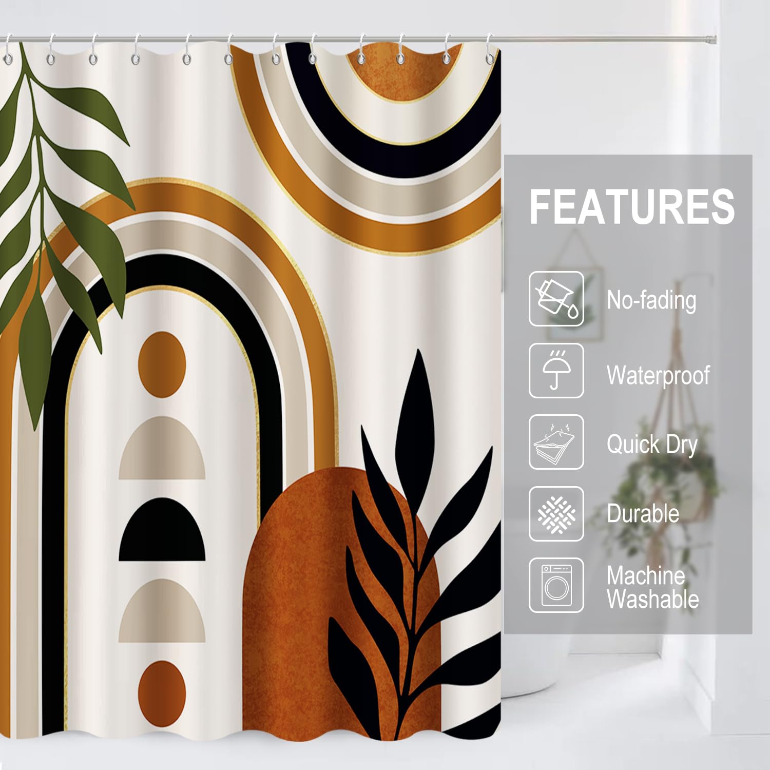 GCIREC Shower Curtain, 180x180cm, Terracotta White Mid Century Modern Abstract Art Boho Geometric Waterproof Fabric Machine Washable Bathroom Curtain