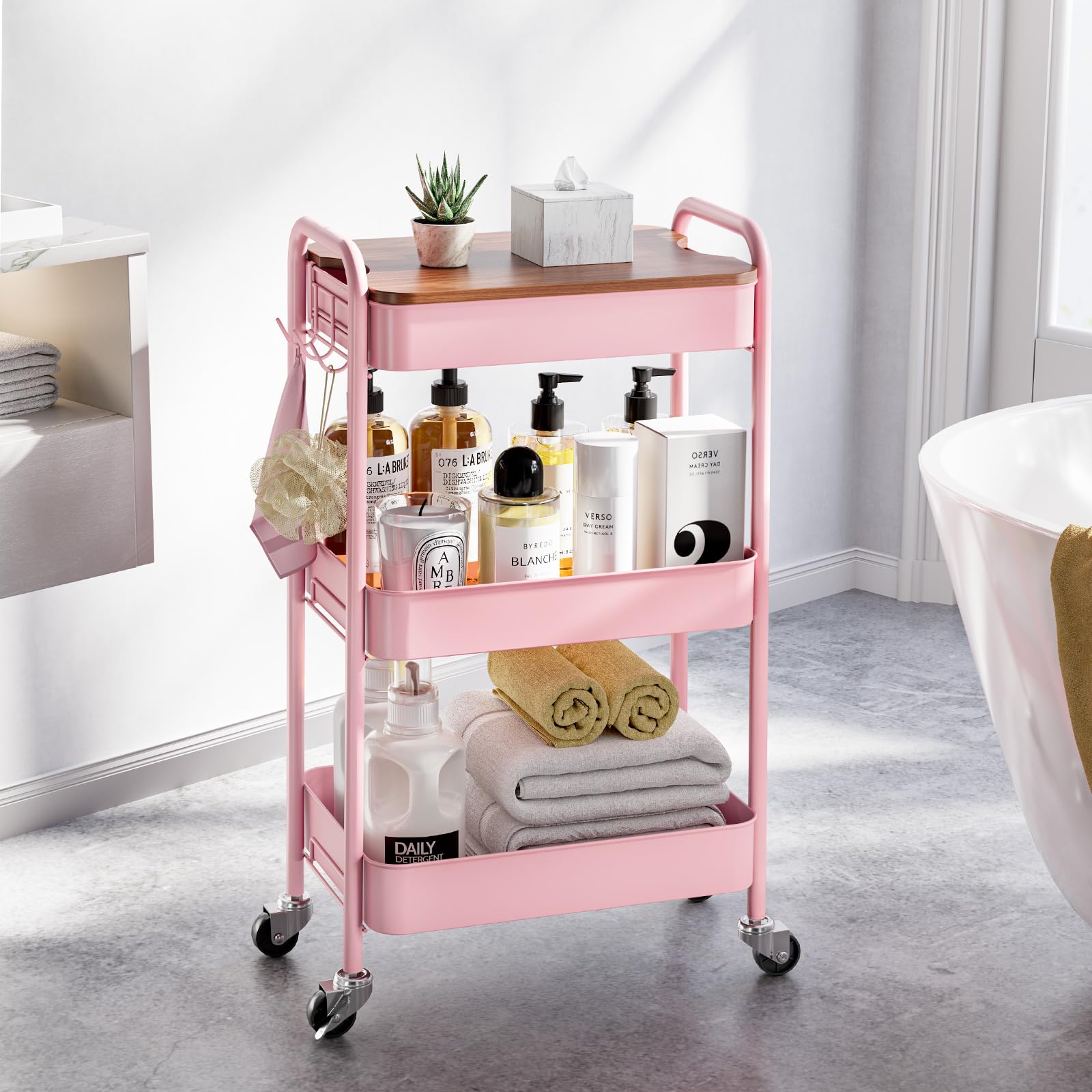 KINGRACK 3-Tier Rolling Storage Trolley, Pink