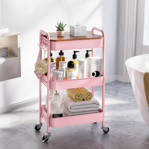 KINGRACK 3-Tier Rolling Storage Trolley, Pink