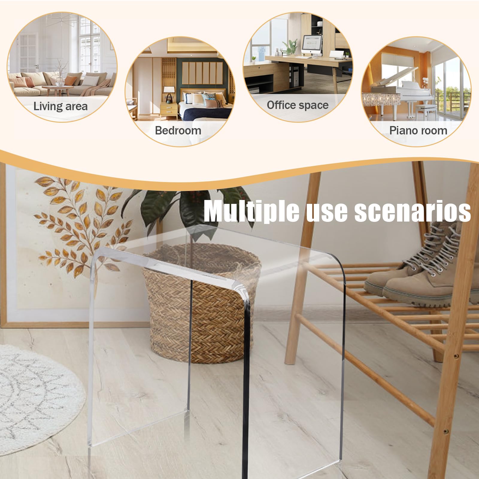 Clear Acrylic U Shaped End Table, Transparent Perspex Plastic Shower Stool, Stylish Modern Coffee Table with Rounded Edges