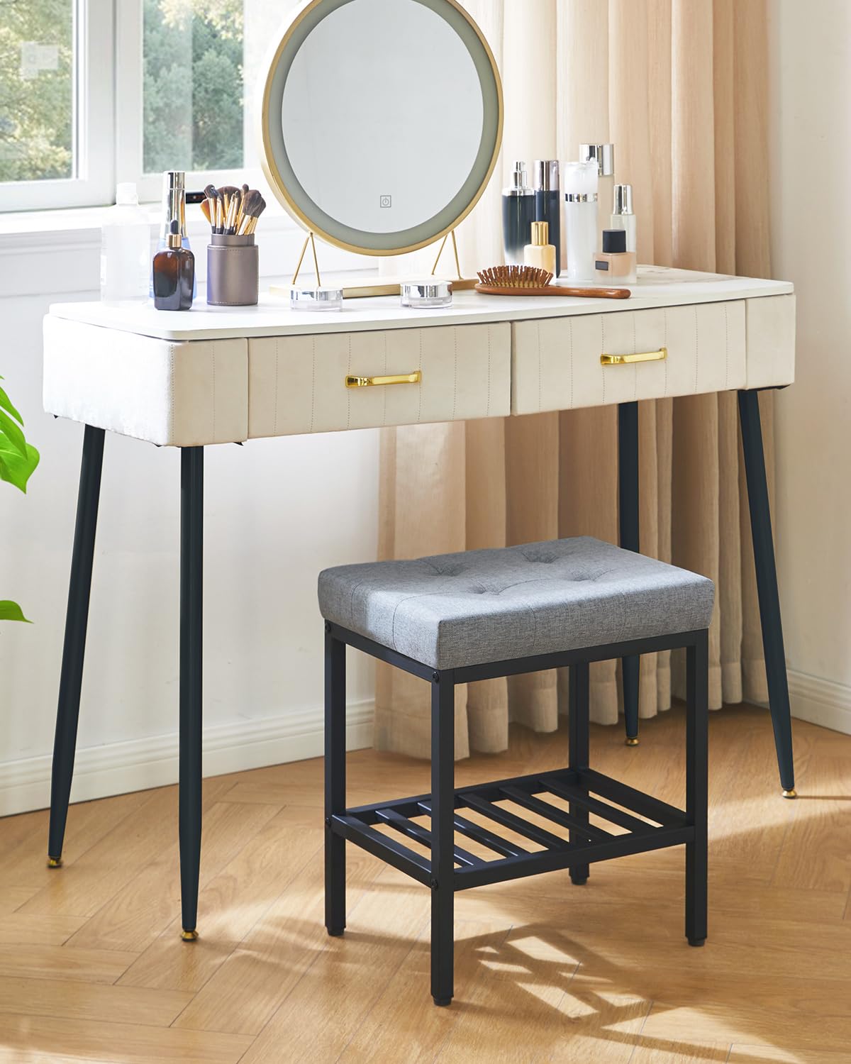 IBUYKE Rectangular Makeup Stool, Linen Seat Vanity Chair, Blue Gray WBD017L