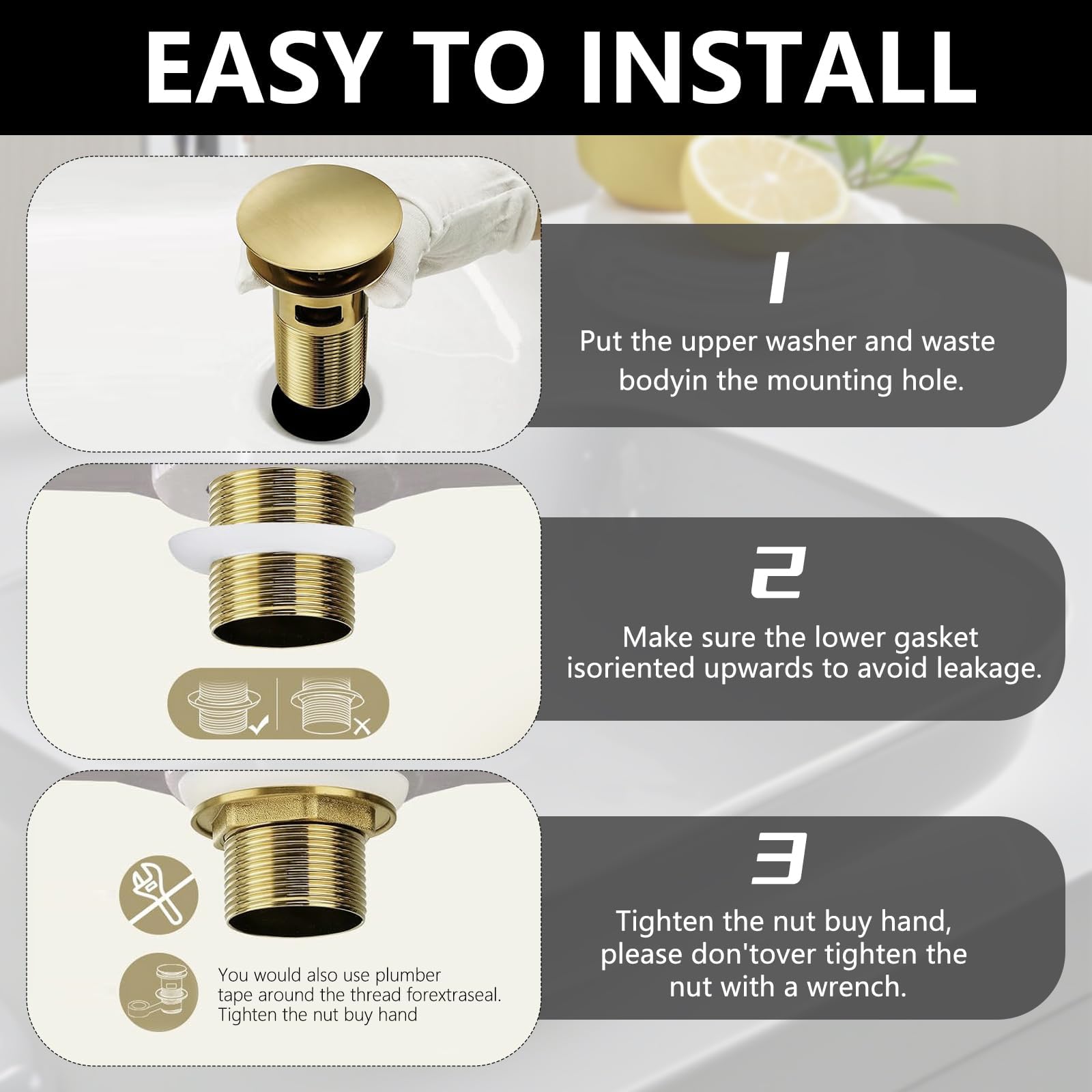 NIYATA Brushed Gold Pop Up Basin Waste with Overflow, 1 1/4" Click Clack Sink Plug for Bathroom, Slotted Push Button Waste for Vessel Sinks