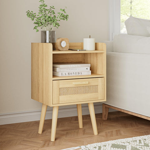 HEYZOEY Bedside Tables,End Table,Rattan Bedside Tables, Side Table with Hand Made Rattan Decorated Drawers,Wood Accent Nightstand with Storage for