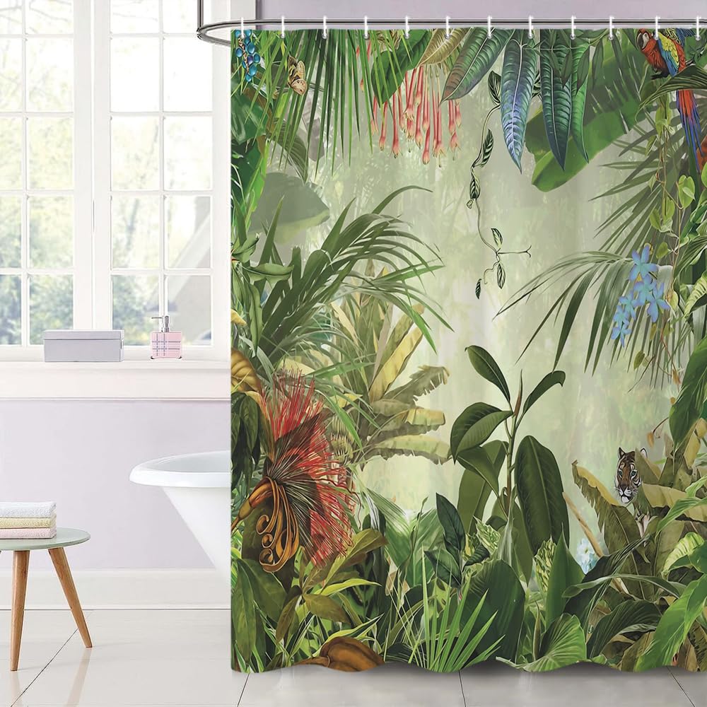 Uiiooazy Forest Shower Curtain, Green Tropical Palm Leaves Monstera Boho Bath Curtain Mildew and Mould Proof Waterproof Polyester Fabric Opaque