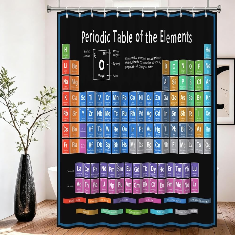 Xiaoterna Periodic Table of Elements Shower Curtain Abstract Black Bathroom Curtain Chemical Element Table Water Repellant Fabric Washable Shower