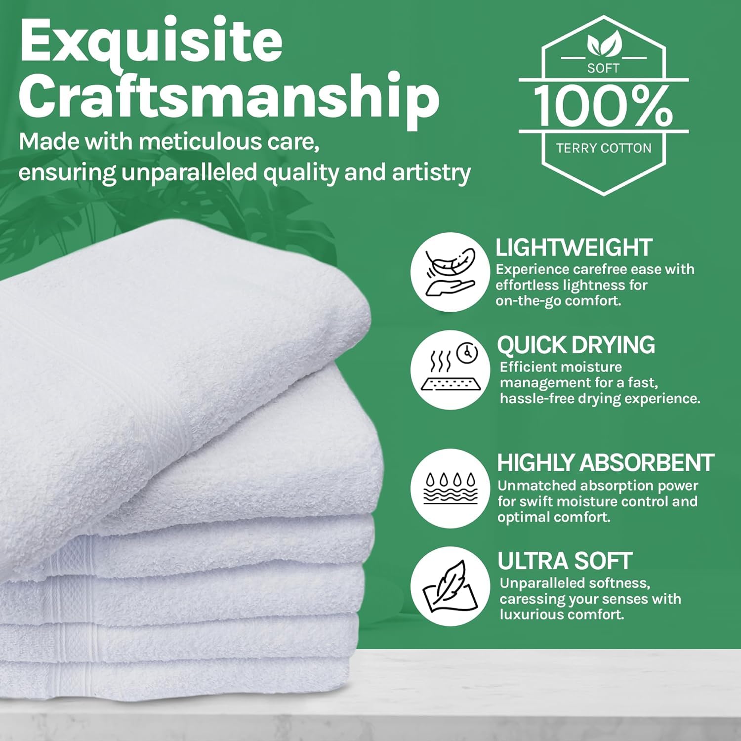 Towels N More 15X25 Hand Towels - 24 Pack White Soft 100% Cotton Ring Spun Loops - Highly Absorbent and Quick Drying Premium Fluffy and Plush Linen