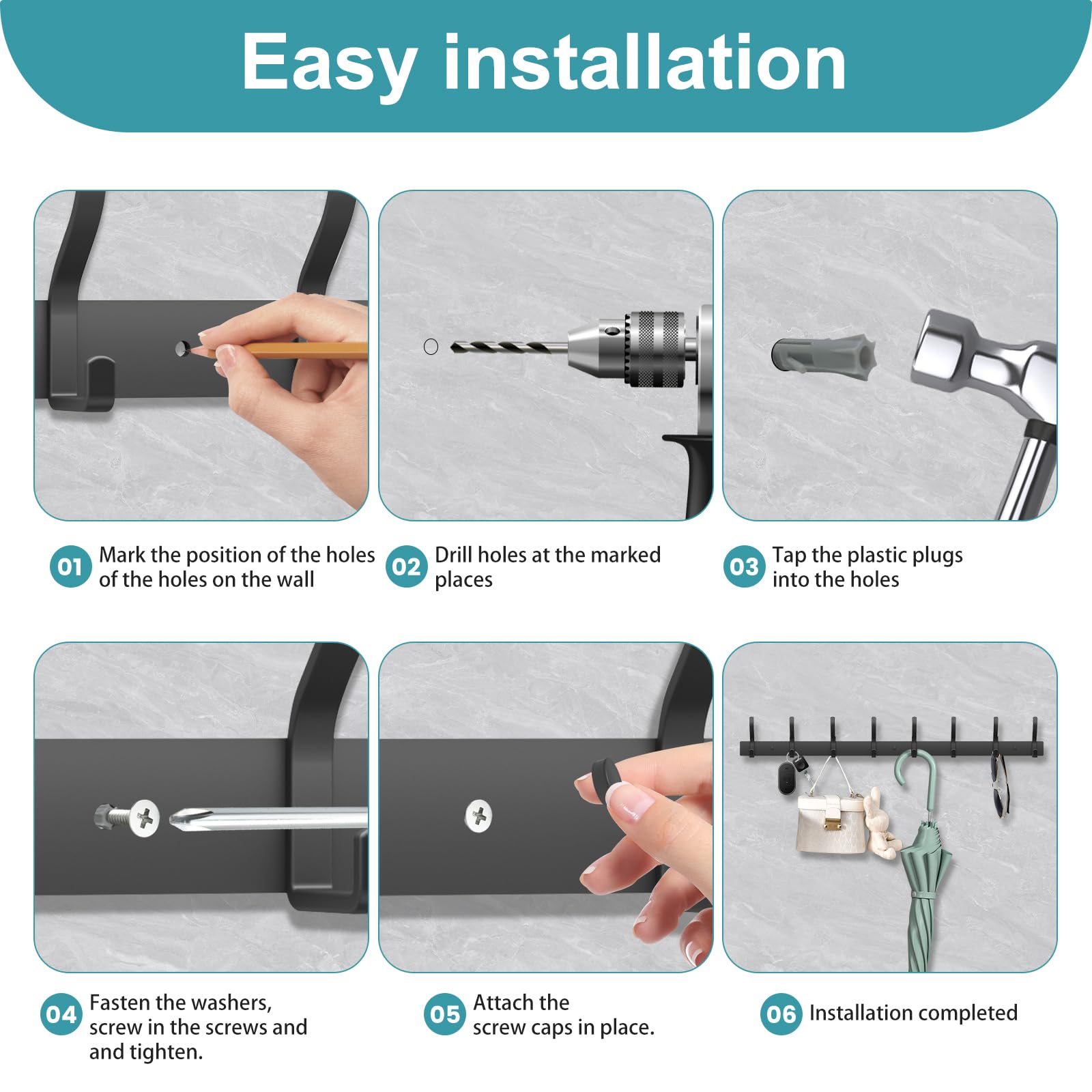 MEIJO Coat Hooks Wall Mounted Stainless Steel, Black Coat Rack Wall Mounted with 8 Hooks Heavy Duty Coat Hooks for Door, Bathroom, Bedroom, Kitchen