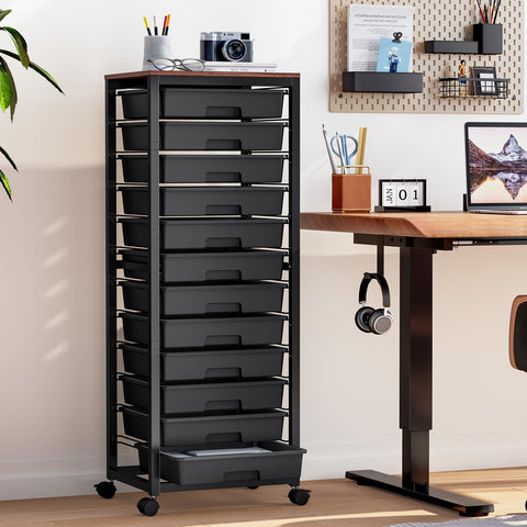 SYKIARIOL 12-Drawer Storage Trolley Rolling Cart with Wooden Top, Black