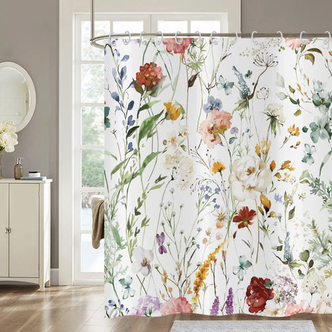 Hnmdmyi Floral Shower Curtain 180x180, Watercolor Colorful Flower Plant Butterfly Wildflowers Blossom Bathroom Curtains with Hooks Waterproof