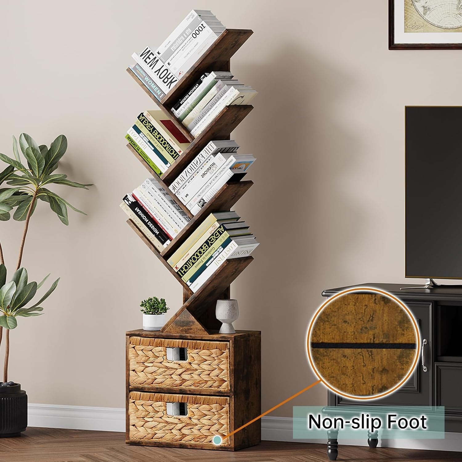 Vagusicc 6 Tier Tree Bookshelf, Modern Floor Standing Bookcase with Storage Drawer, Space Saving Storage Organizer Book Shelves for Books