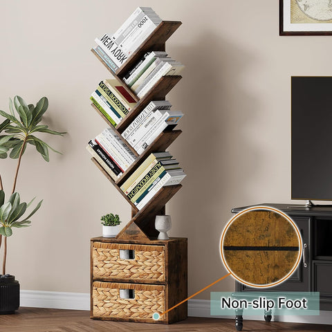 Vagusicc 6 Tier Tree Bookshelf, Modern Floor Standing Bookcase with Storage Drawer, Space Saving Storage Organizer Book Shelves for Books