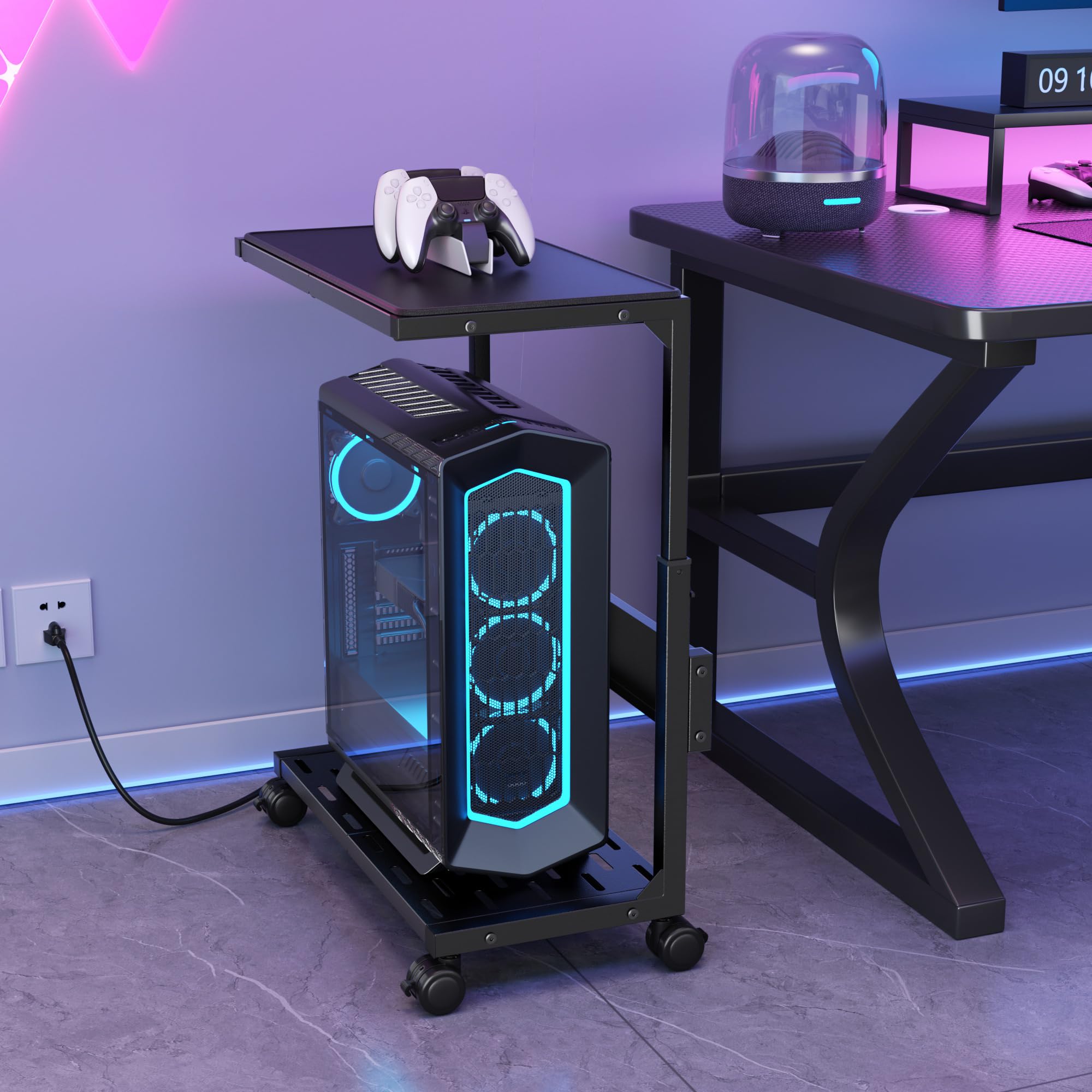 Aquzee PC Stand, Adjustable Computer Tower Stand, Black Heavy Duty Metal Under Desk CPU Floor Stand on Wheels, PC Case Trolley for Carpet