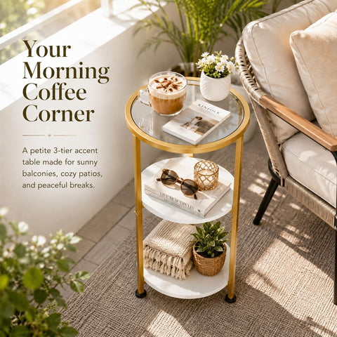 ZEXVIDA 3-Tier Tempered Glass Side Table, White & Gold
