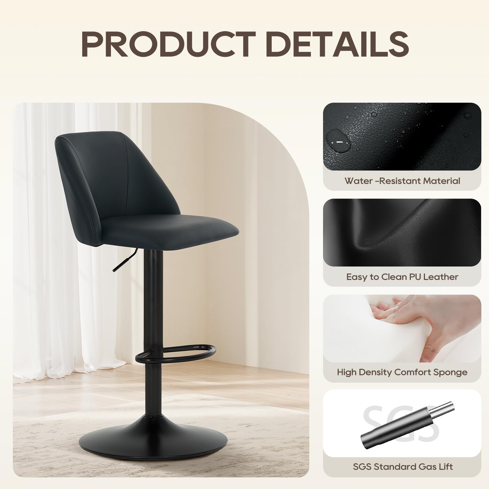 COLAMY Breakfast Bar Stools Set of 6, Modern Swivel Kitchen Stool, Adjustable Upholstered Barstools Counter Height with Square Open Back for Bar