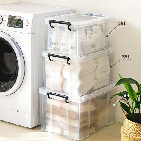 Cetomo 35L*3 Heavy-Duty Storage Boxes, Plastic Stackable Storage Box with Lids, Storage Bins with Reinforced Corners, Vertical Sides and Clip Closure