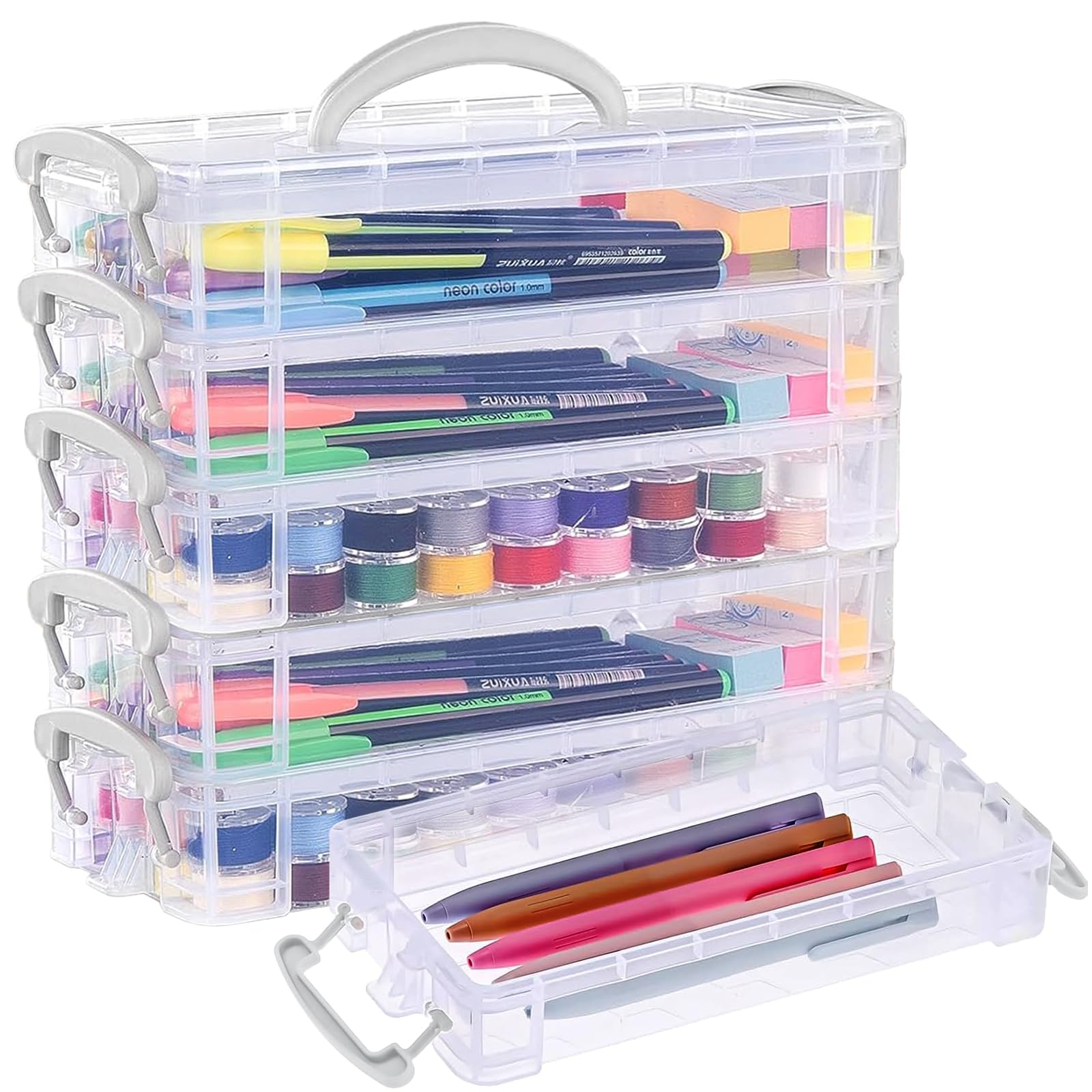 DARUITE Pencil Case with Lid, 6 Tier Plastic Pencil Box with Handle