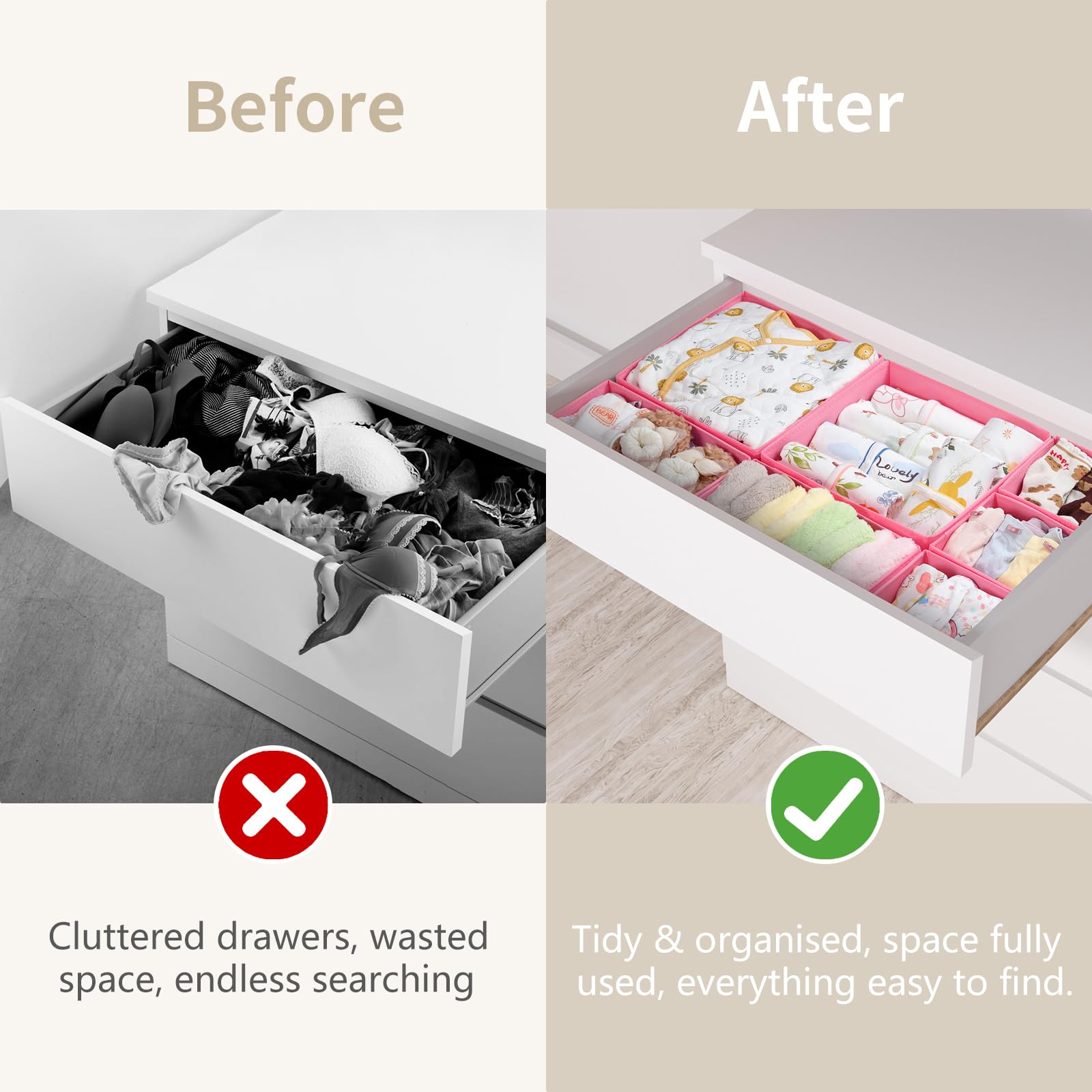 ORLISA Drawer Organiser for MALM Drawers, 14 Pack Clothes Drawer Organisers, Foldable Fabric Dividers for Underwear Socks Bras, 3 Sizes Storage Boxes