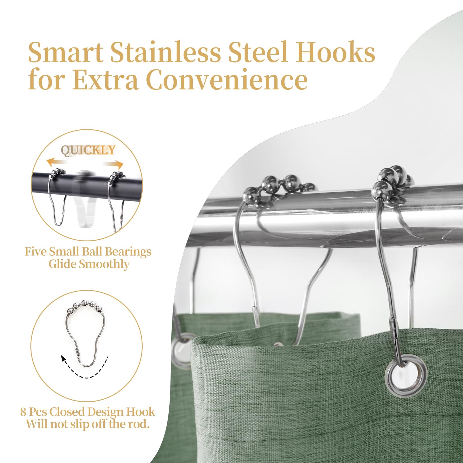 Shower Curtain, Heavy-Duty Linen-Texture Fabric Shower Curtain, Extra Soft Double-layer waterproof Shower Curtains With Smart Function Stainless