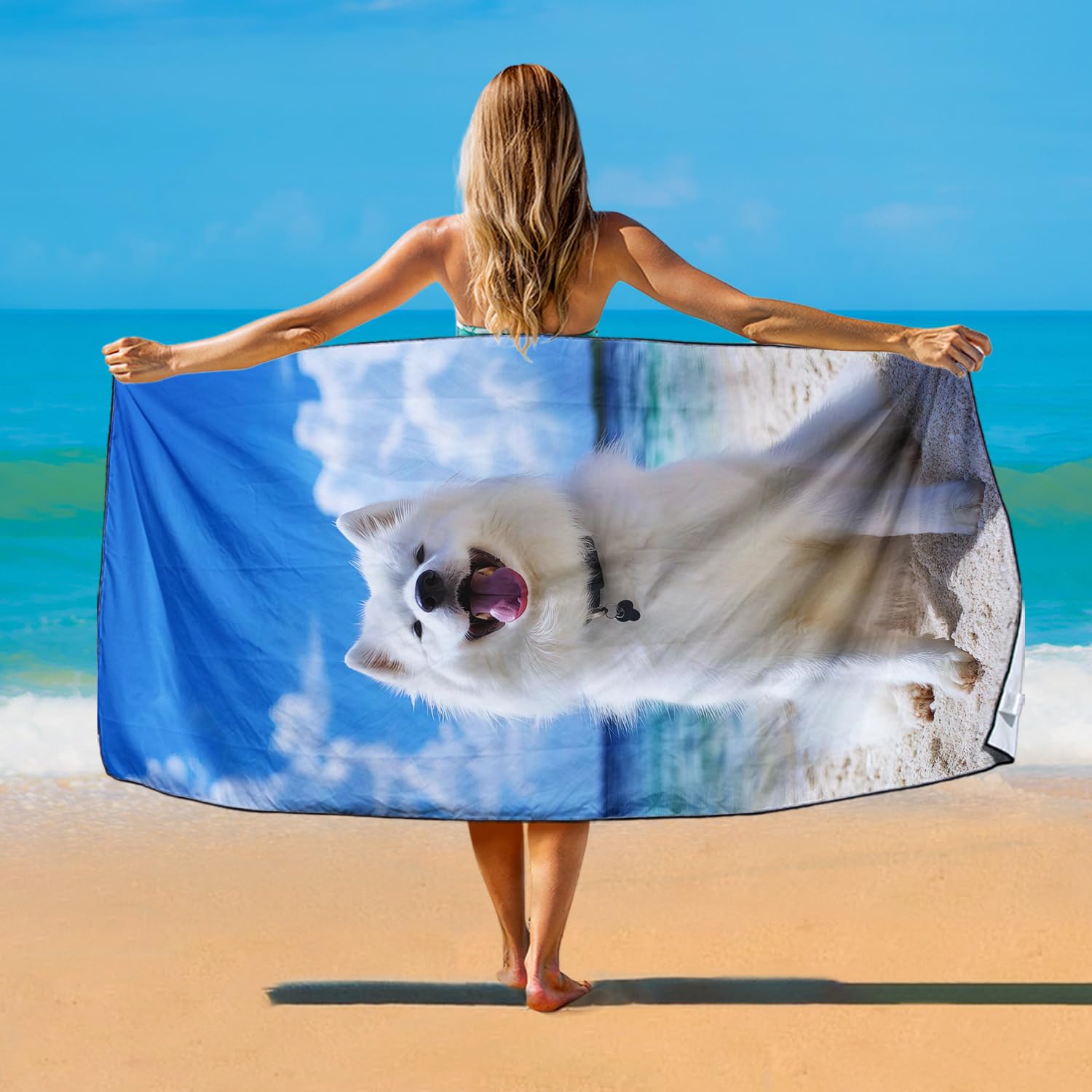 Violetpos Samoyed Beach Towel for Dog Lovers, Extra Large 180x90 cm 250GSM Microfibre, Sand Free Quick Dry