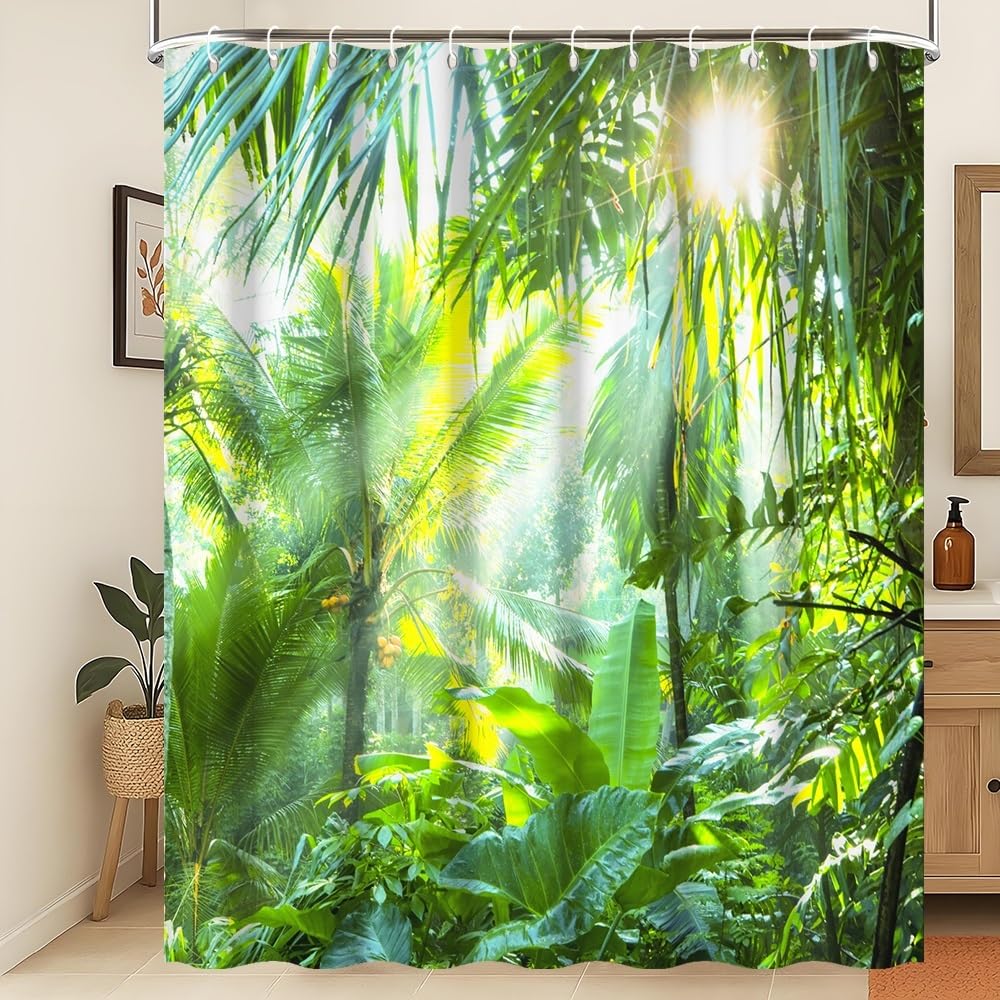 Xiaoterna Spring Shower Curtain Tropical Rainforest Lush Green Foliage in Jungle Bathroom Curtain Jungle Safari Sunrise Waterproof Shower Curtain