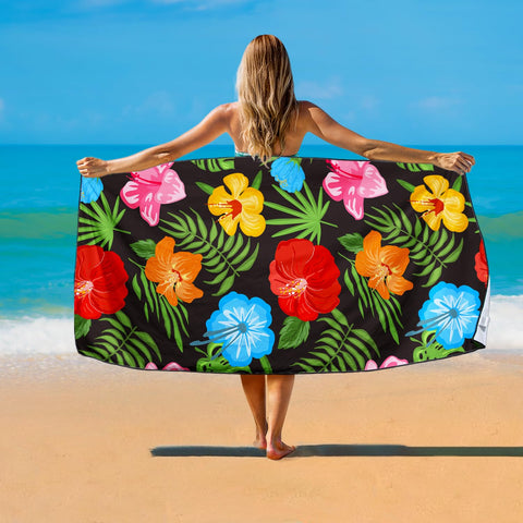 Violetpos Multi-Colour Hibiscus & Palm Leaf Beach Towel, Extra Large 180x90 cm 250GSM Microfibre, Sand Free Quick Dry