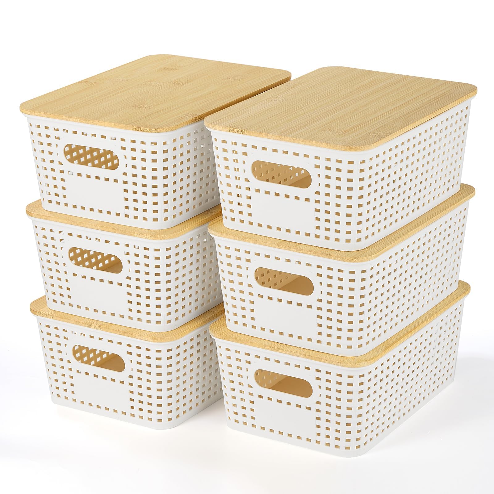 VIIHTYISA Plastic Storage Box with Bamboo Lid, Stackable Storage Baskets, Organizing Box for Shelves, Drawers, Desks, Cabinets, Playrooms and Offices