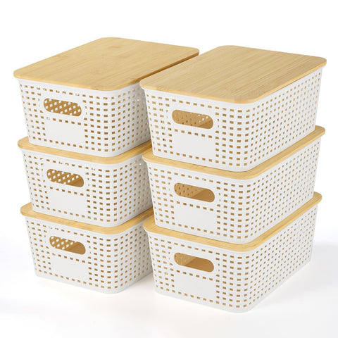 VIIHTYISA Plastic Storage Box with Bamboo Lid, Stackable Storage Baskets, Organizing Box for Shelves, Drawers, Desks, Cabinets, Playrooms and Offices