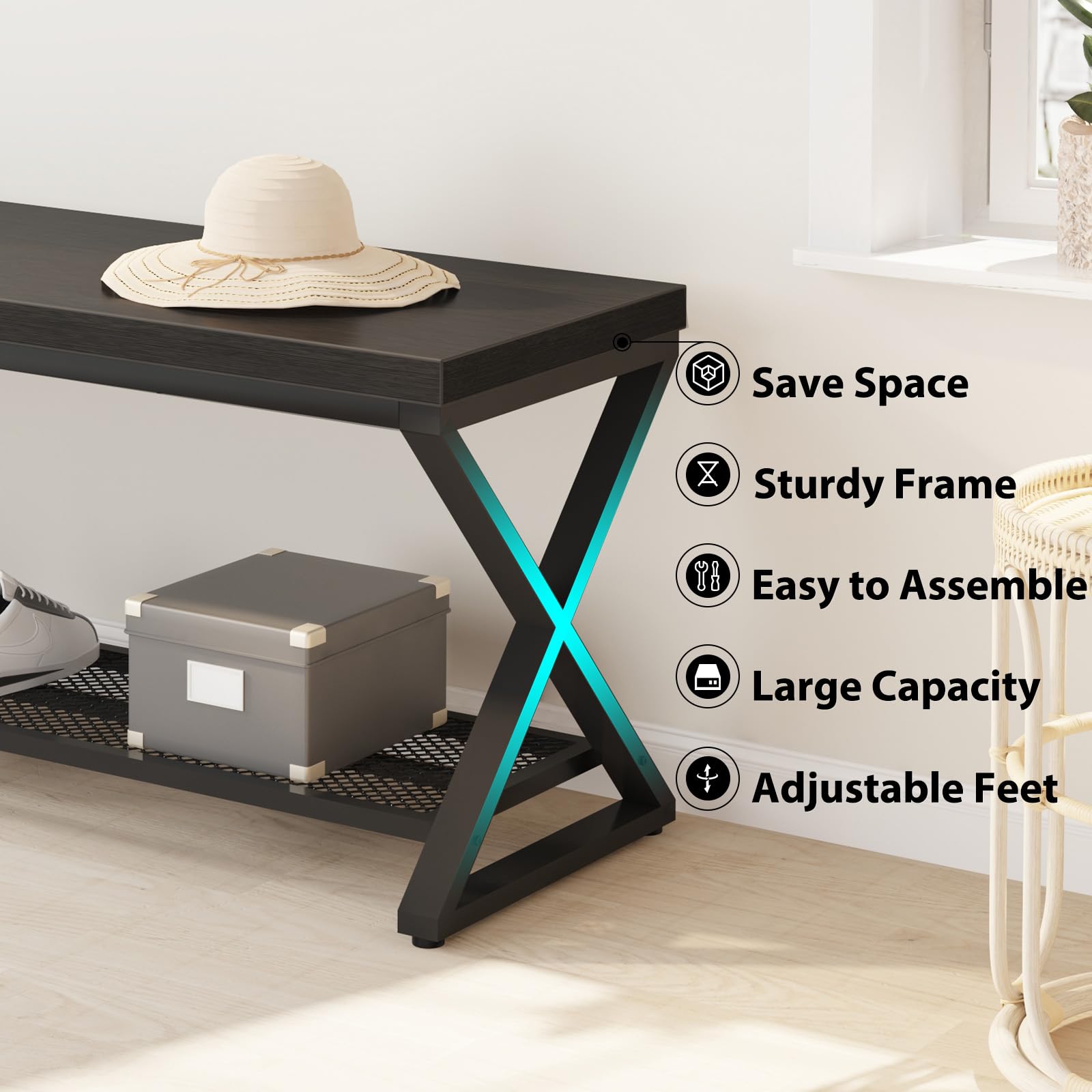 LVB Black Industrial Entryway Bench with Storage, Indoor Wood and Metal Storage Bench for Living Room Bedroom