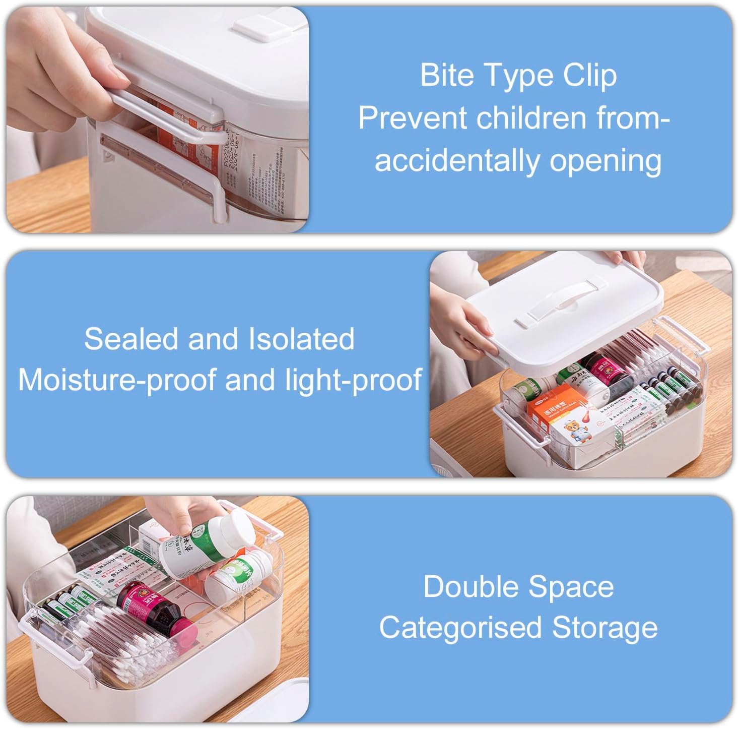 Medicine Storage Box, Double Layers Multi Grid Organiser With Lid, Portable First Aid Cabinet for Home, School, Office (L)
