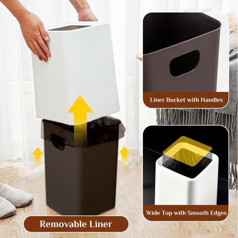 White Bathroom Bin 12L With Inner Bucket, Hidden Bag Design, 2 Pack Modern Open Top Touchless Bathroom Can, Minimalist Plastic Bin for Bedroom
