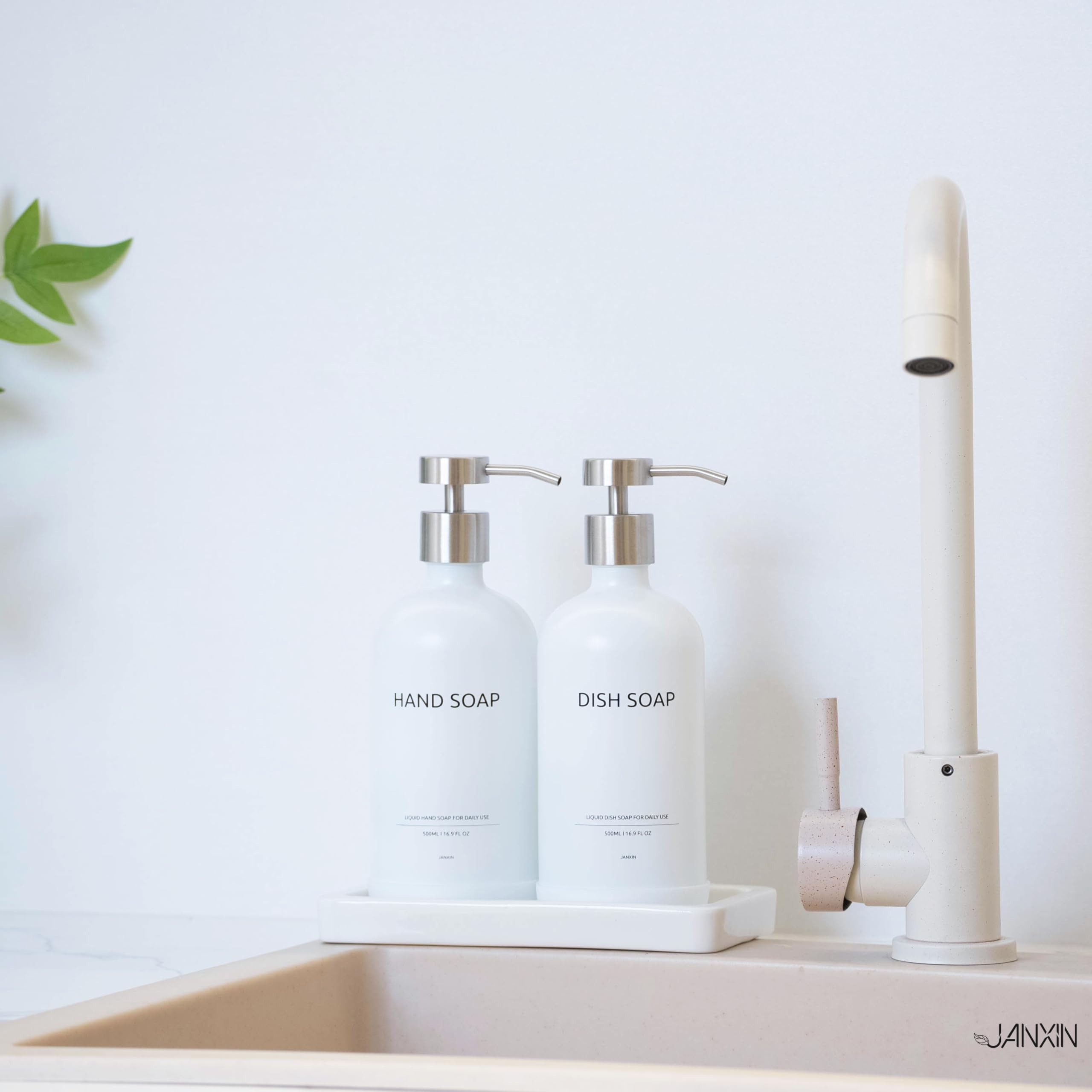 Janxin 2pcs Refillable Liquid Hand Jar Dispenser for Bathroom, Glass Soap Dispenser Bottle with Pump, 500ML, With Ceramic Tray