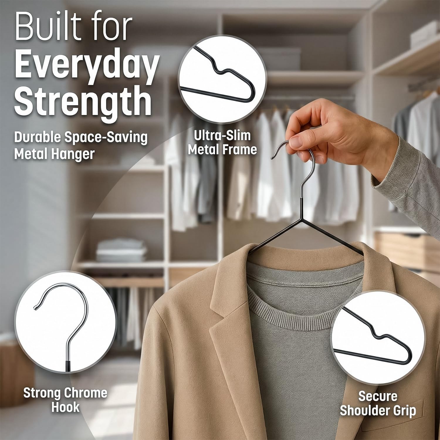 DrySmart 50 Pack Premium Rubber-Coated Metal Clothes Hangers – Heavy-Duty, Non-Slip, Space-Saving Coat Hangers for Adults, Ideal for Shirts, Suits