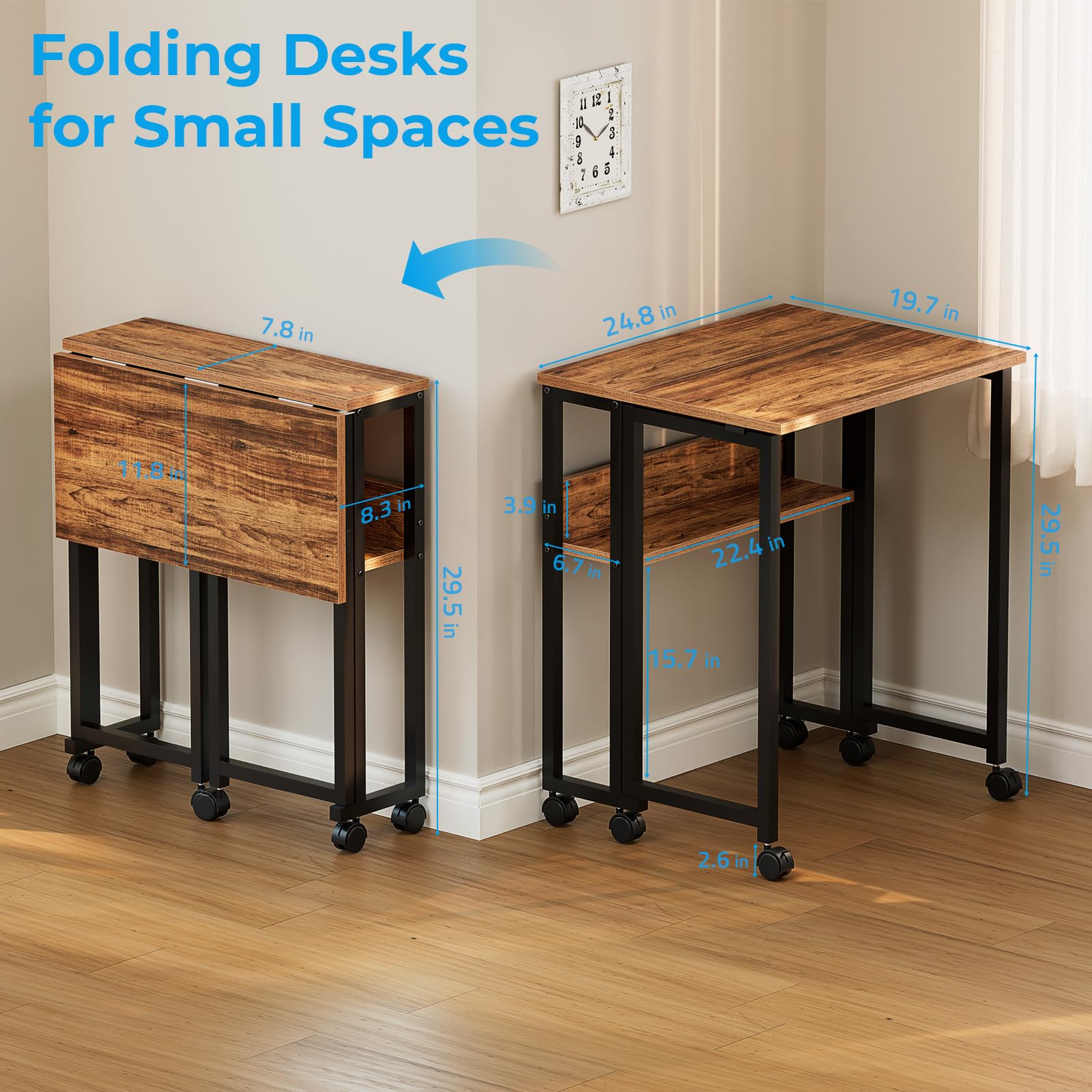 GreenForest Folding Desk 63 cm with Storage Shelf and Wheels, Brown