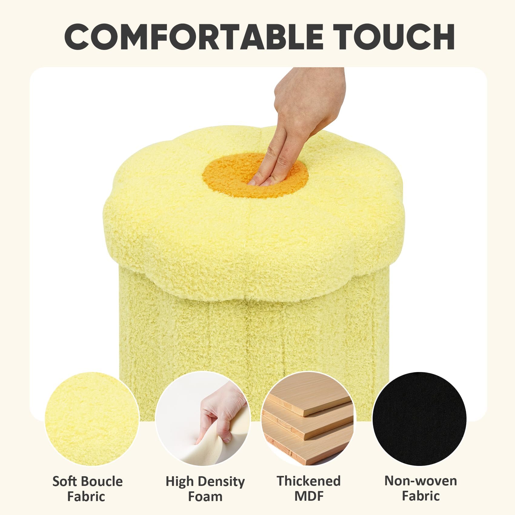PINPLUS Small Folding Storage Ottoman with Lid, 32x32x29 cm, Yellow