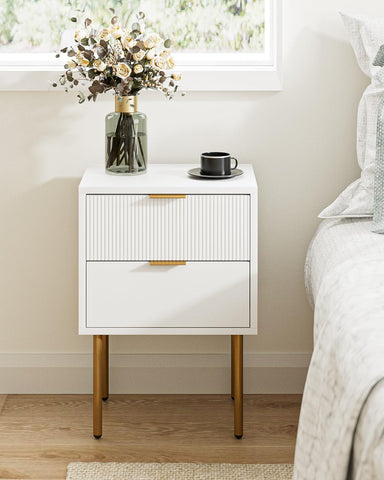 HEYZOEY Bedside Table, Small Bedside Tables with 2 Drawers, Wooden Nightstand with Gold Legs, Mid-Century Modern Bed Side End Table for Bedroom