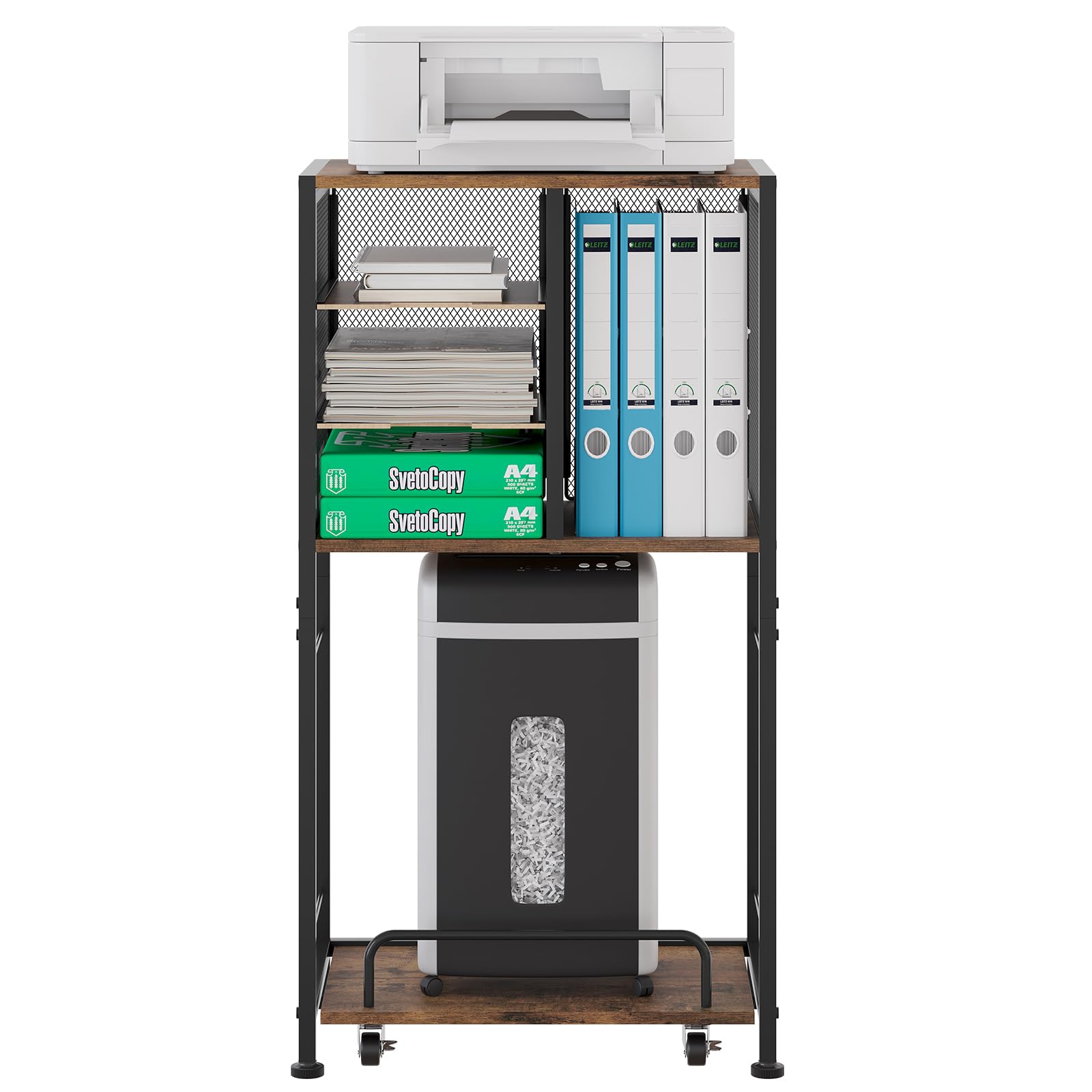 EasyPAG 4 Compartments Metal Wood Floor Standing Printer stand with Storage,Printer Table with Movable Pull-out Shelf Trolley,Printer Shelf for Fax